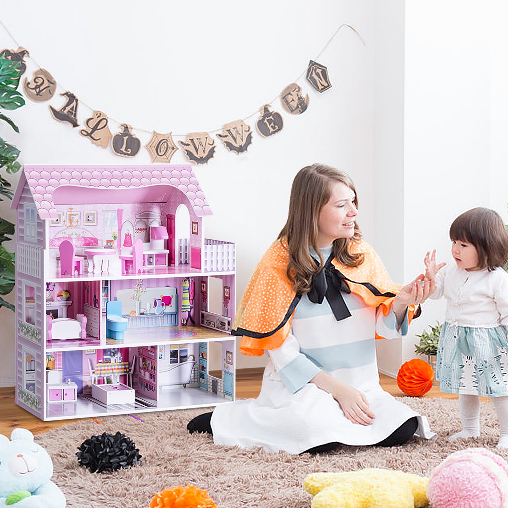 Gymax 28'' Pink Dollhouse w/ Furniture Rooms 3 Levels Young Girls Toy