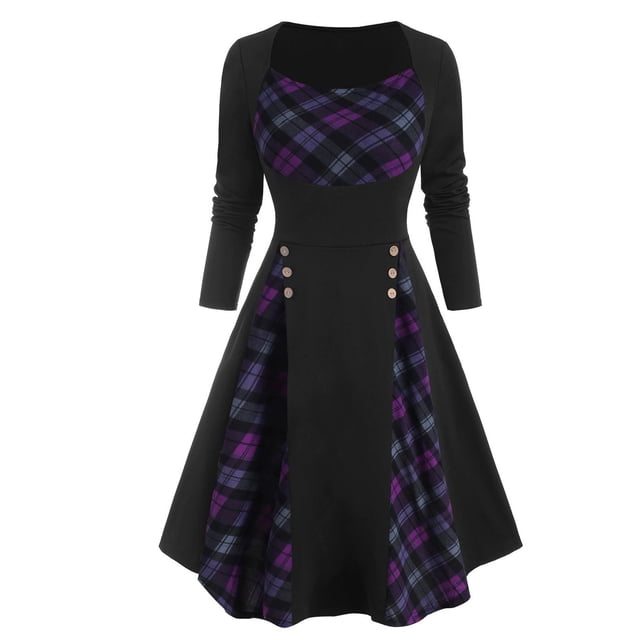 Outfmvch Robe à Manches Longues pour Femmes Grande Taille à Carreaux Insert Bouton Robe à Manches Longues Robes d'Automne