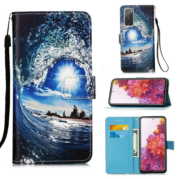 For Samsung Galaxy S21 FE Case, Mantto Patterned With Hand Rope Strap Cute Painted Flip Card Wallet Slots Case,Kickstand Phone Skin For Samsung Galaxy S21 FE 5G, Sea Wave
