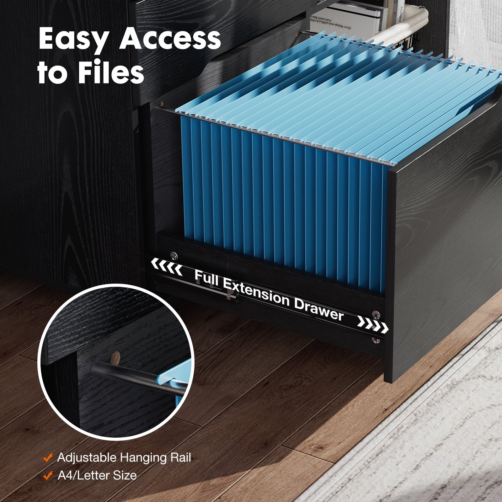 LIFERECORD 3-Drawer Rolling File Cabinet with Open Shelf, Fabric Filing Storage for Home Office, Black
