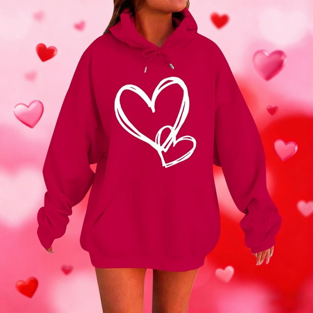 RKSTN Valentine's Day Hoodie for Women Oversized Valentines Heart Print Drawstring Hooded Sweatshirt Top Womens Casual Solid Plus Size Graphic Printed Loose Comfy Hood Fall Spring Clothes