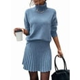 thumbnail image 2 of Womens Sweater Skirt Sets 2 Piece Outfits Ribbed Knit Mock Neck Sweater Pullovers A Line Mini Skirt Set Blue M, 2 of 8