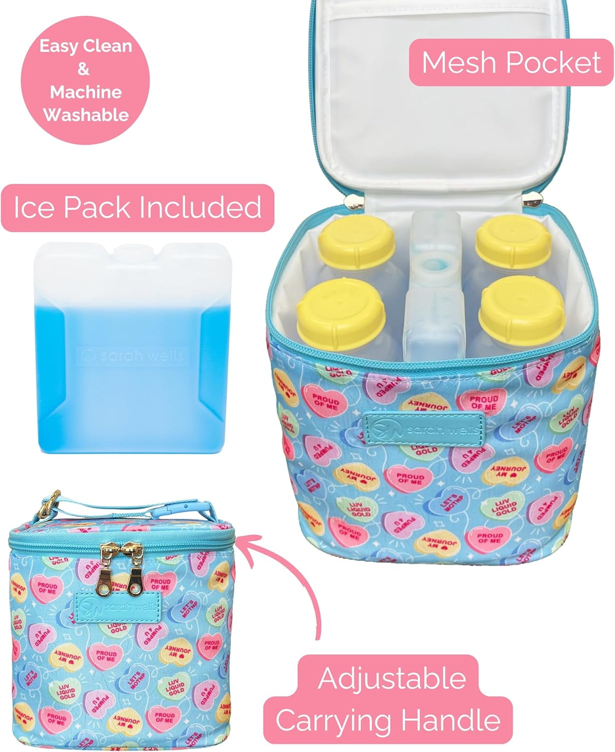 Sarah Wells Cold Gold Breast Milk Cooler Bag with Ice Pack, Insulated Storage for Bottles & Pump Parts, Washable(Candy Conversation Hearts)