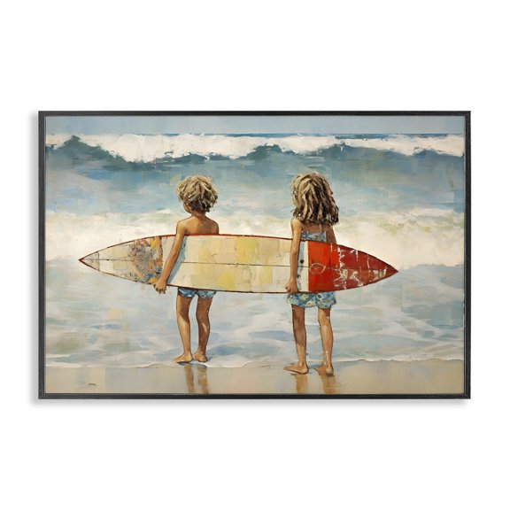 Stupell Industries Kids with Surf Waves People Painting Black Framed Art Print Wall Art, 30 x 20