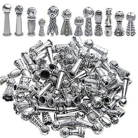 Tibetan Bead Caps, 100 Gram(About 70-110pcs) Alloy Bead Caps Antique Silver Cone Bead Caps Flower End Caps Mixed Styles Tassel End Cap for Jewelry Making Crafts DIY