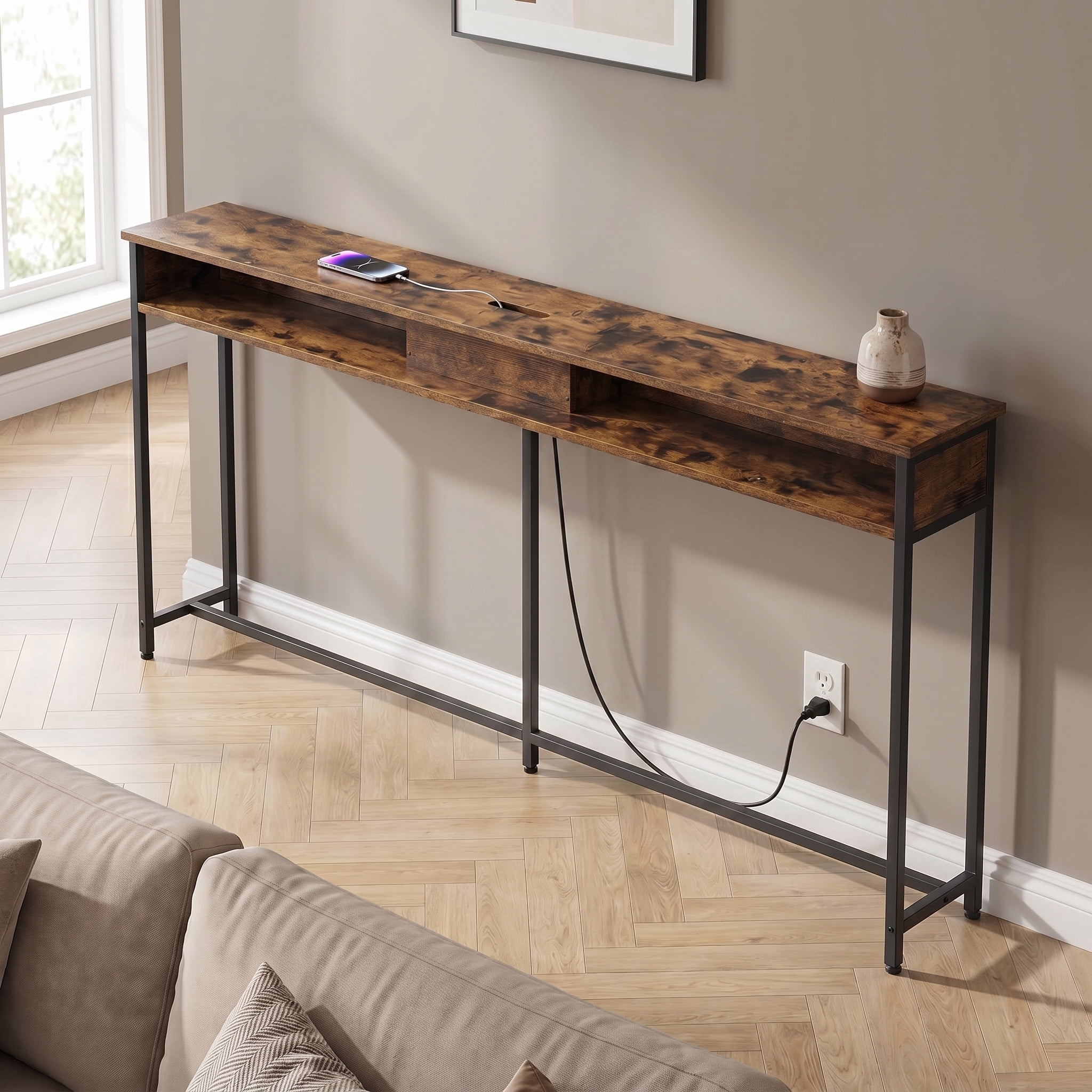 Nordic Hygge 70.9 in. Console Table with Built-In Charging Station, Brown & Ink Black