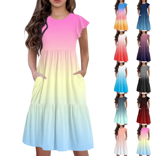 Girls Summer Dress Tween Dresses Summer Casual Gradient Color Midi Dress with Short Sleeves and Pockets Lightweight and Comfortable ,Sie:150