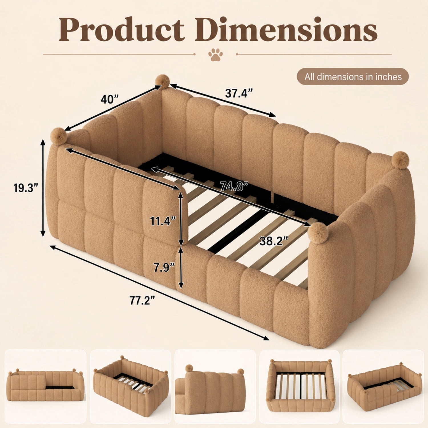 Miniyam Twin Size Kids Floor Bed with Soft Upholstered Guardrails, Low-to-Ground Montessori Bed Frame, Natural