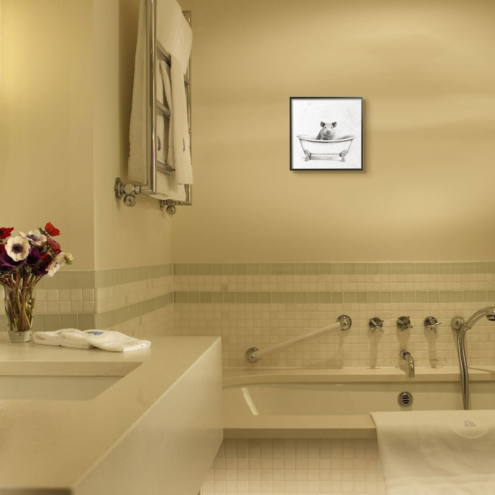 Stupell Industries Hog in Bath Tub Minimal Bathroom Sketch Framed Wall Art Design by Victoria Borges