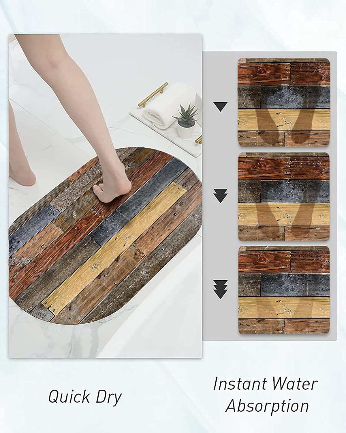 Rustic Old Barn Wood Doormat Diatomaceous Earth Bath Mat - Wood Look Rubber Non Slip Quick Dry Super Absorbent Washable Bathroom Rugs Fit Under Door（Oval,31.5×20 inch）