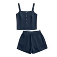 thumbnail image 6 of Costeam Womens Solid Button Front Pocket Blouse and Casual Short Two Piece Outfit Elastic Waist Shorts Side Pockets Loose Fit Lightweight Summer Casual Co Ord Set, 6 of 6