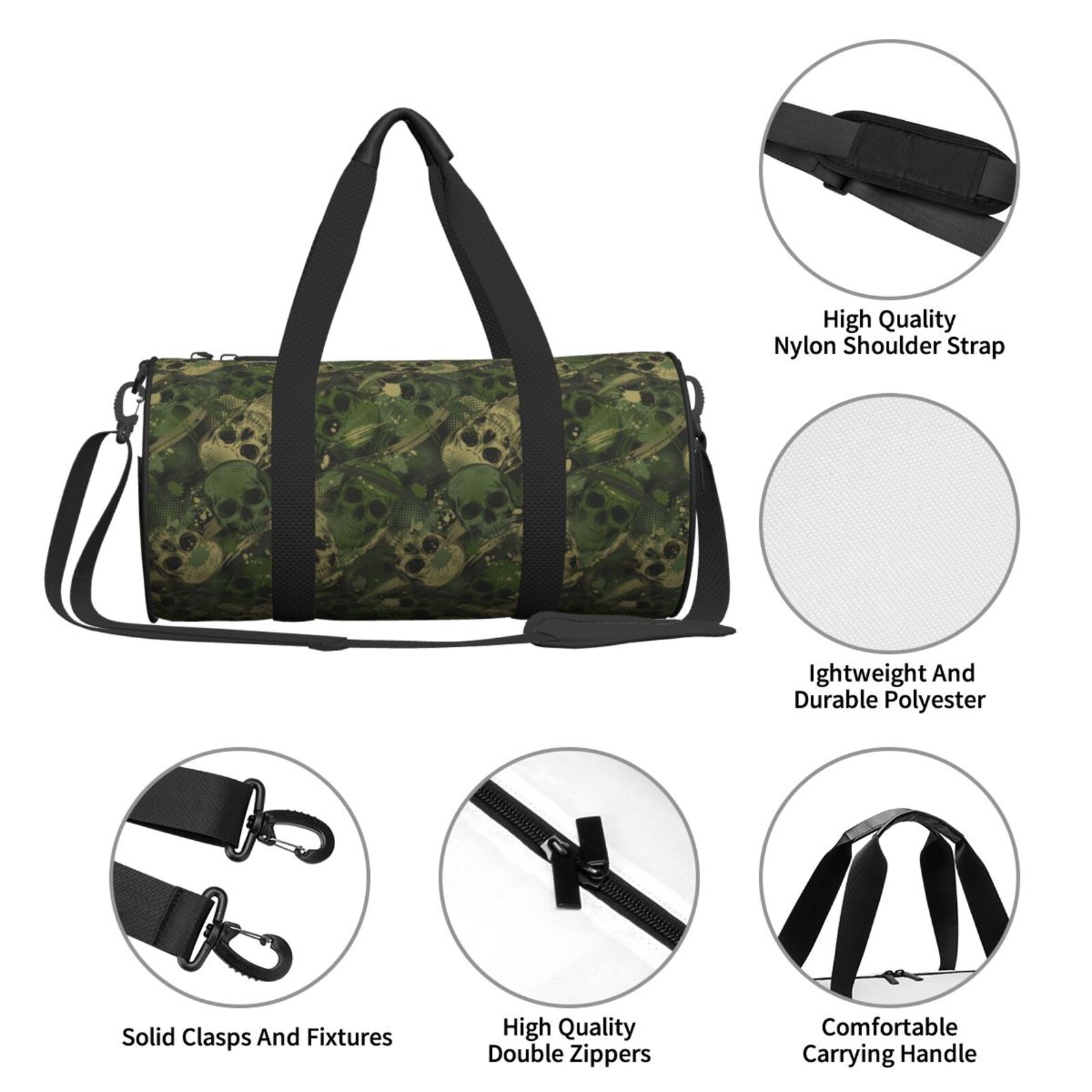 Vsdgher Green Camouflage Skull 45L Foldable Duffel Bag, Sports Gym Bag,Overnight Bag, Portable Weekender Bag for Airplanes