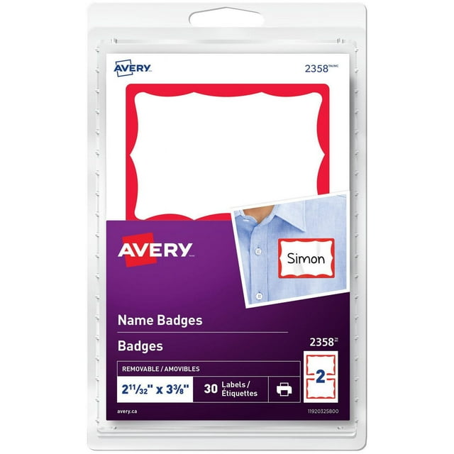 Avery Name Badge Labels for Laser or Inkjet Printers, 2 11/32" x 3⅜", Red Border - 2358