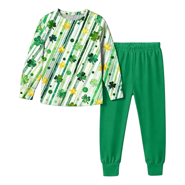 Camisas de Manga Larga para Niños para Niños Día de San Patricio Impreso Conjunto con Pantalones para 5-16 Años, Traje de Vacaciones para Niñas Pequeñas Camisas de Manga Larga