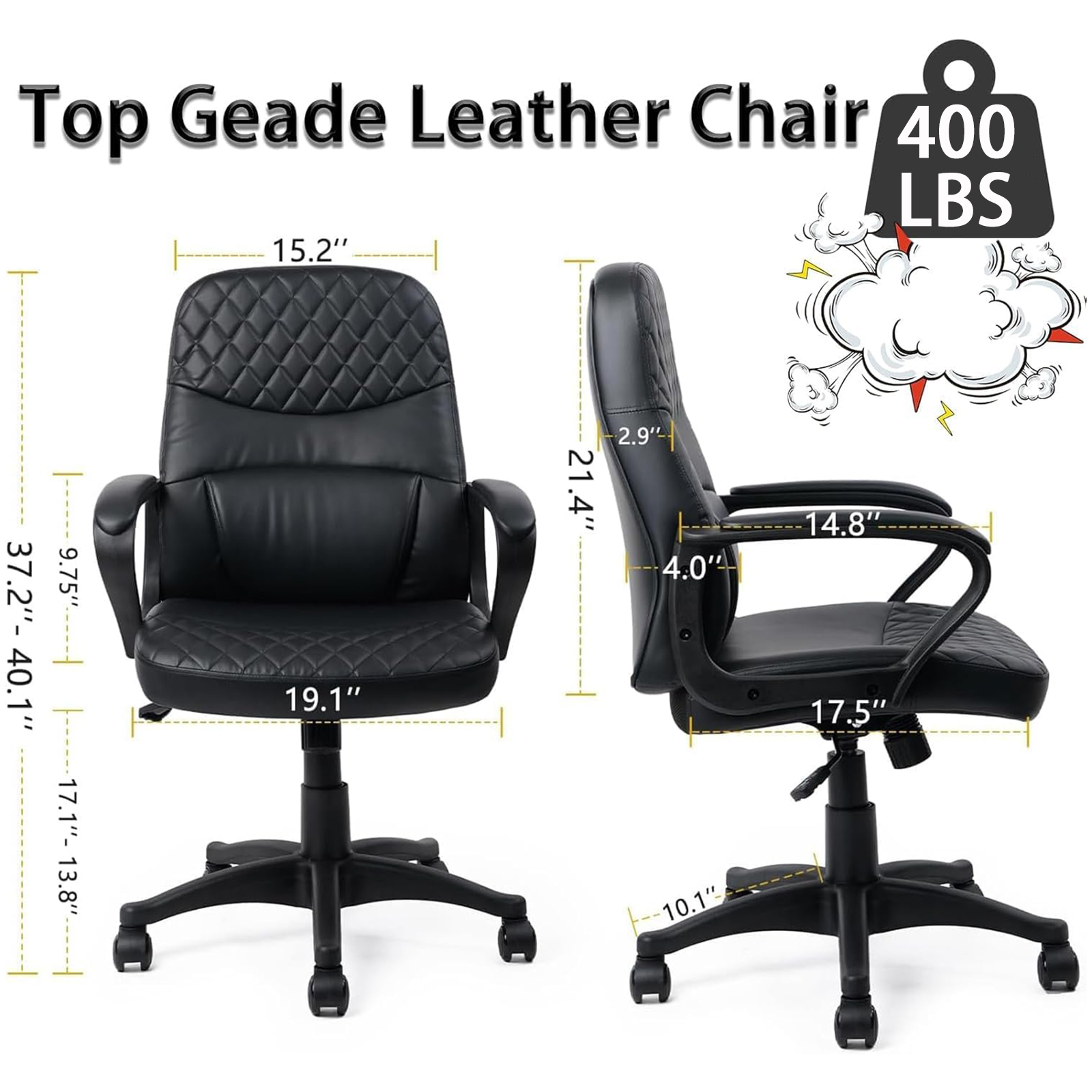 CLATINA Office Chair - Mid Back Leather Computer Desk Chair with Wheels, Ergonomic Executive Swivel Chair with Lumbar Support, Armrest for Home Office Black, 2 Pack