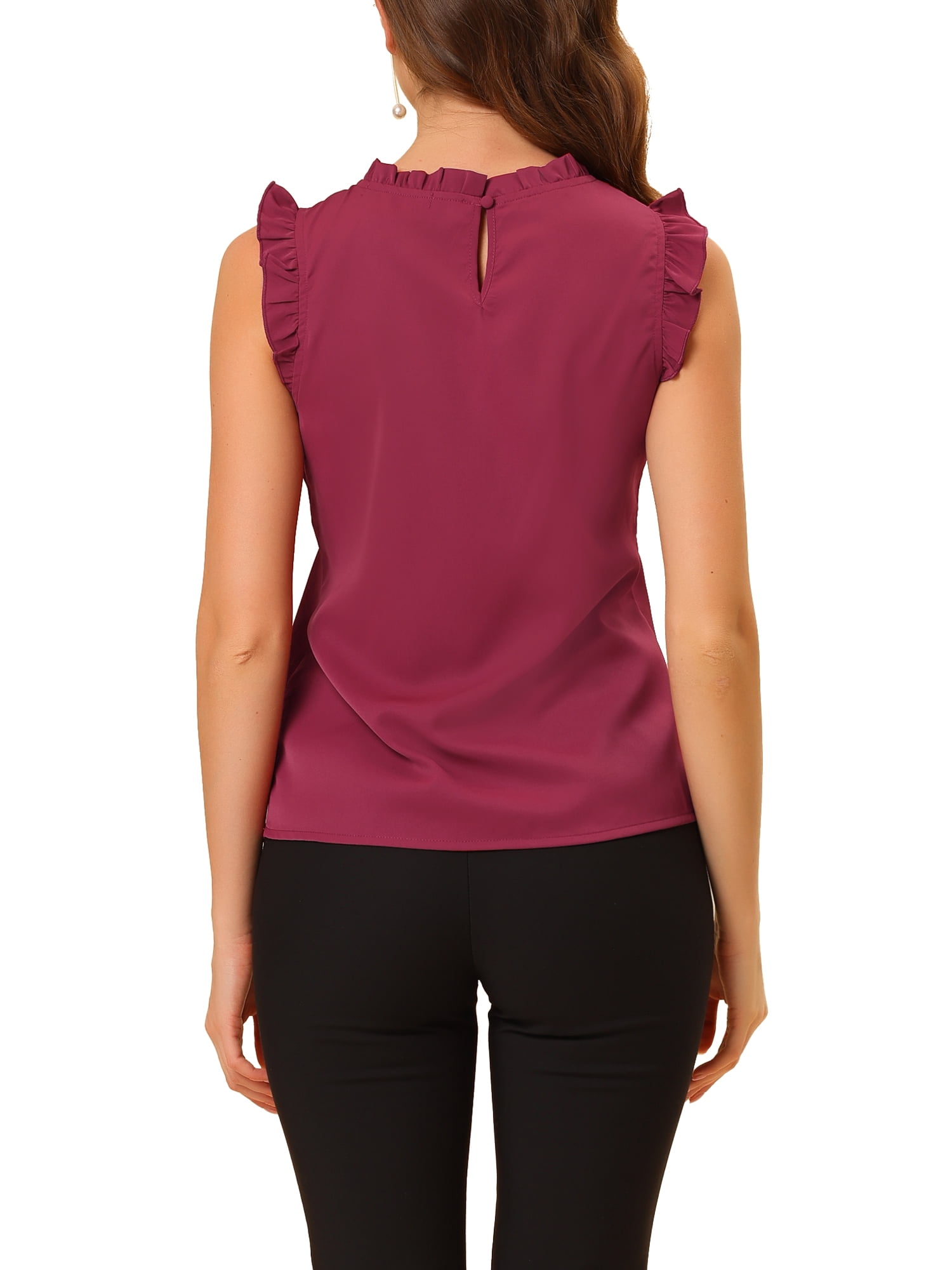 DARING DIVA Women's Ruffled Trim Pleated Plain Blouse Top L Dark Red
