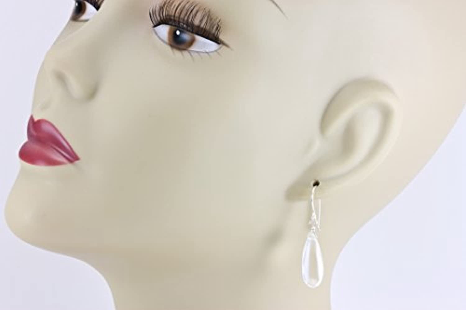 Sterling Silver Crystal Clear Quartz Earrings Smooth Long Puffed Teardrop Simple Drops Designed for Adult Women