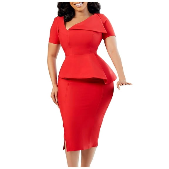 Suumer Plus Size Skirts for Womens Fshion Color V Neck Temperament High Waisted Commuting Pencil