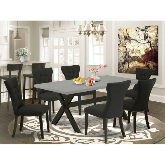 East West Furniture X697GA124-7 7-Pc Kitchen Table Set - 6 Kitchen Parson Chairs and 1 Modern Cement Breakfast Table Top with Button Tufted Chair Back - Wire Brushed Black Finish