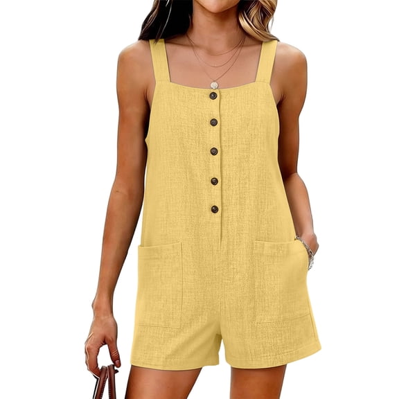 cfhntfmh Summer Rompers for Women Casual Loose Fit Shorts Square Neck Sleeveless Button Jumpsuits Summer Vacation Clothes