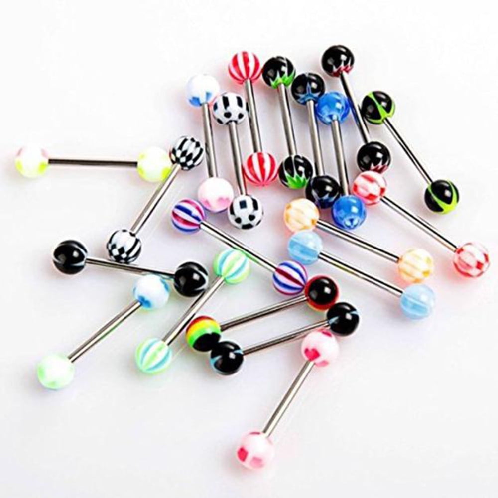 50PCS Colorful Stainless Steel Ball Barbell Tongue Rings Bars