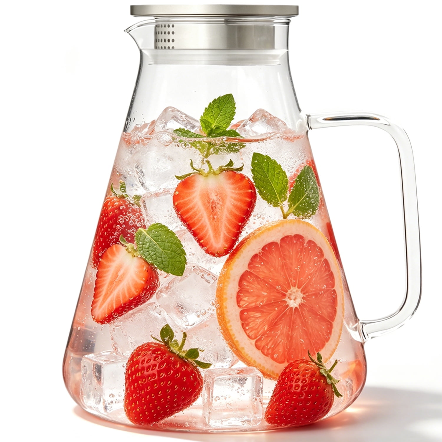 TINANA 68 oz Glass Pitcher with Lid, 2L Borosilicate Water Carafe, Stainless Steel Filter Lid, Iced Tea Lemonade Juice Beverage Jug, Yellow Handle