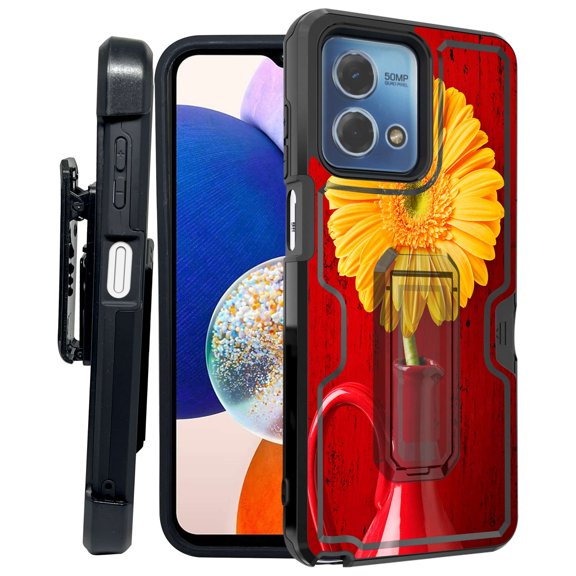 ANJ  Rugged Shockproof Kickstand Hybrid Case with Card Slot and Holster   Tempered Glass Cover for Motorola Moto G Stylus 5G (2023) - Sunflower in Vase