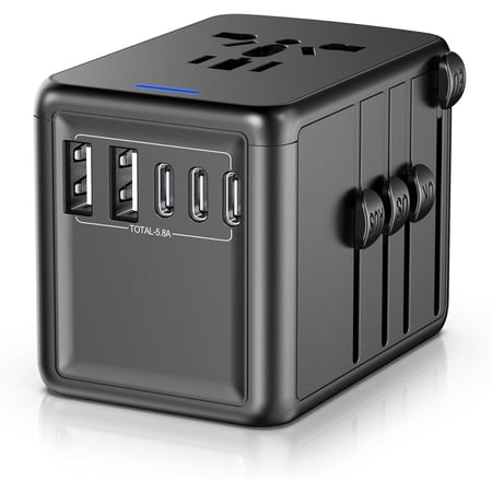 Universal Travel Adapter Offers 5.8A 3X 3.0A USB-C Ports, 2X 2.4A USB-A Ports and Multi AC Outlet, All-in-One International Power Plug Adaptor Worldwide Charger for EU US UK AU 200+ Countries