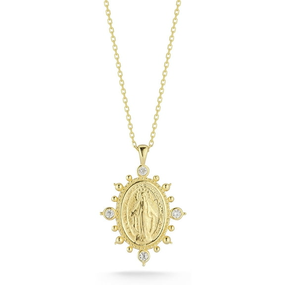 Adesso Milano Jewelry Sterling Silver Mother Virgin Mary Pendant Necklace, Cubic Zirconia Catholic Necklaces for Women, Gold
