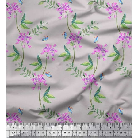 Soimoi Cotton Voile Fabric Leaves Butterfly & Periwinkle Floral Print Sewing Fabric Yard 42 Inch Wide