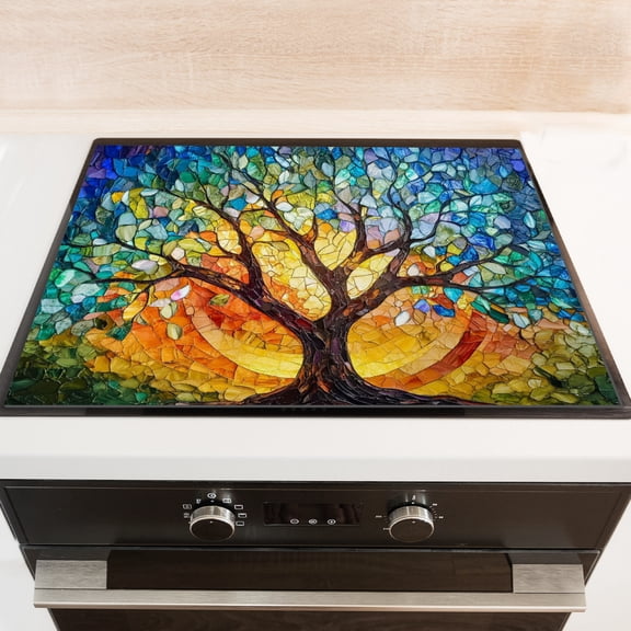 Square Glass Induction Cooktop Protector Mat, Retro Huge Tree Colorful Washable Glass Stove Cover, Heat Resistant Foldable Decoration Pad for Kitchen RV (28×20 Inch)