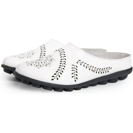 

Women Casual Mules Hollow Summer Slippers Lightweight Comfy Leather Backless Flat Mules Sandals Slip On Loafer Shoes
