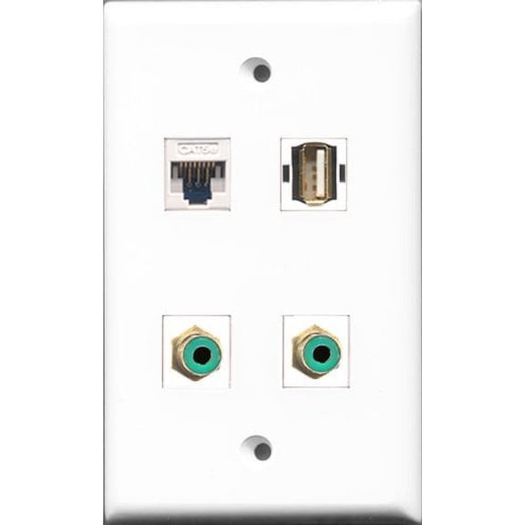 RiteAV - 2 Port RCA Green and 1 Port USB A-A and 1 Port Cat5e Ethernet White Wall Plate