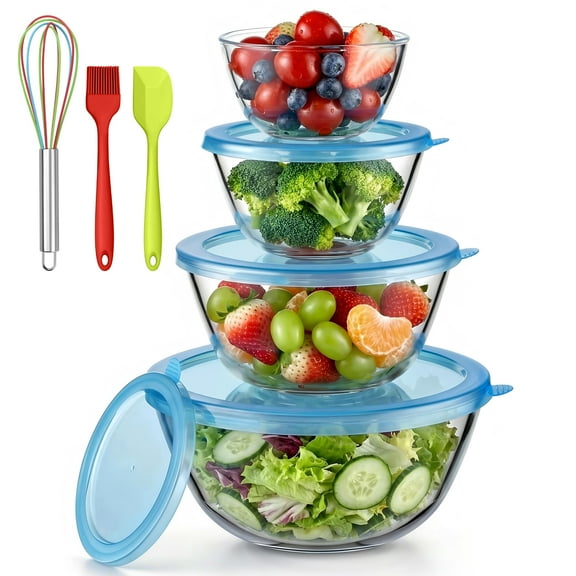 Vesteel Glass Mixing Bowls with Lids Set of 7(0.5QT, 0.8QT, 1.7QT, 2.9QT), Clear Salad Bowls with Egg Whisk Spatula Basting Brush, Nesting Food Prep Bowls for Baking Cooking Serving, Dishwasher Safe