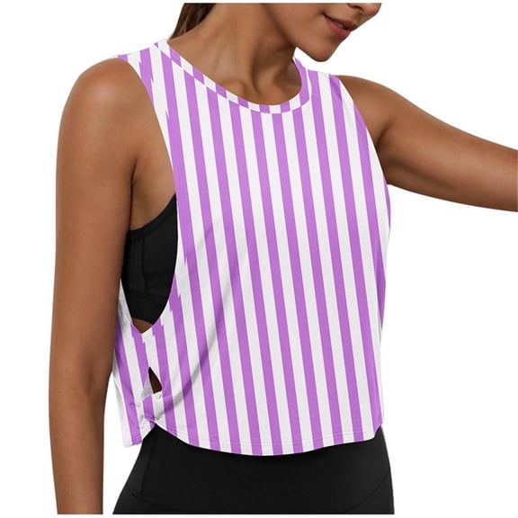 Fewfanhot Women's Stripe Print Sleeveless Racerback Crop Top, Loose Fit Workout Gym Tank, Lightweight Breathable Summer Athletic Shirt