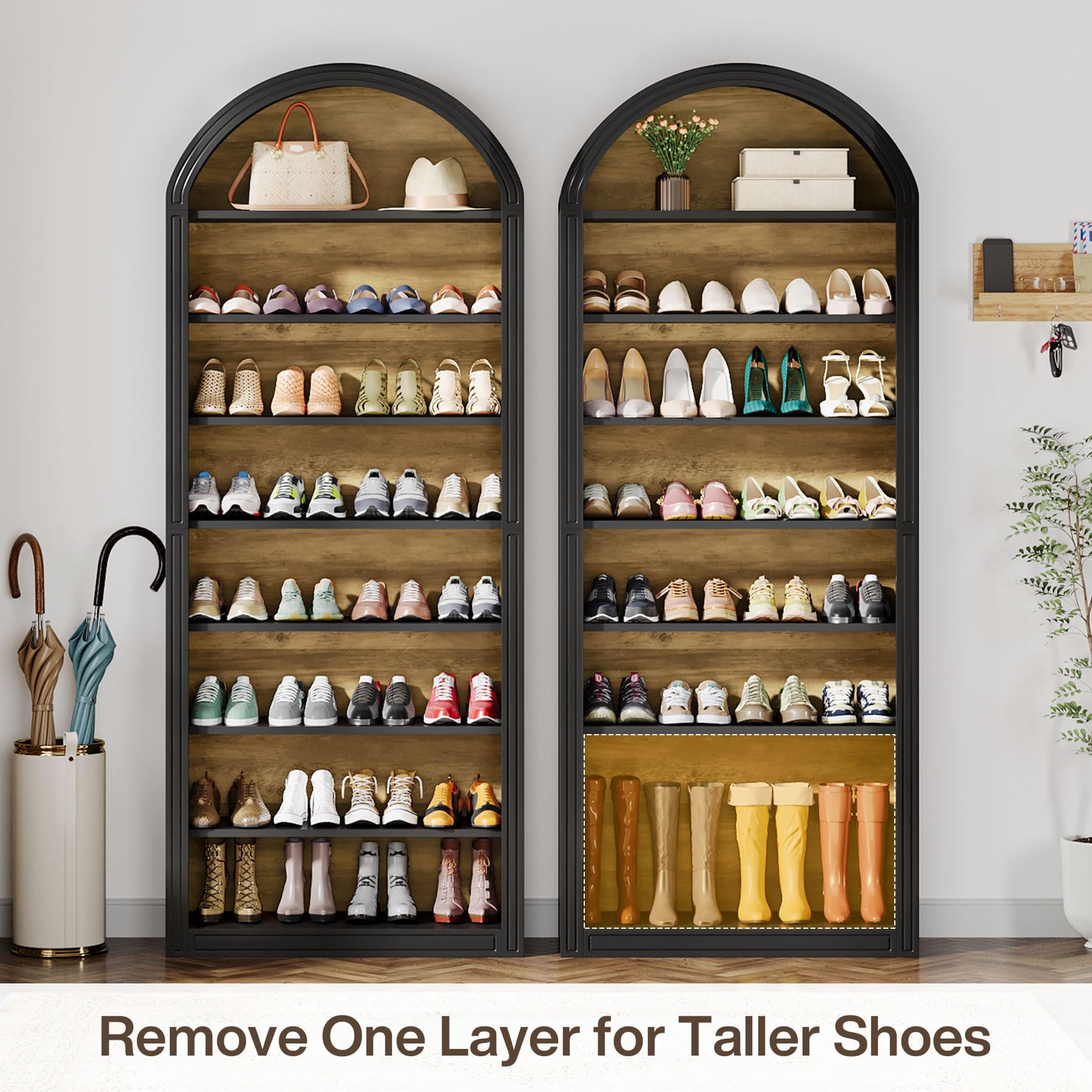 Fnova 79.5" Arched Shoe Storage Cabinet, 8-Tier Wooden Shoe Organizer Rack for 35 Pairs, Adjustable Shelves, Black