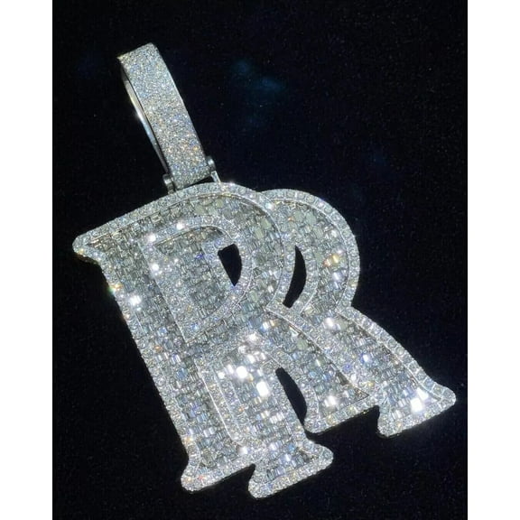 3.20Ct Baguette Lab Created Diamond Latter "RR" Custom Pendant 14K White Gold Plated 925 Silver