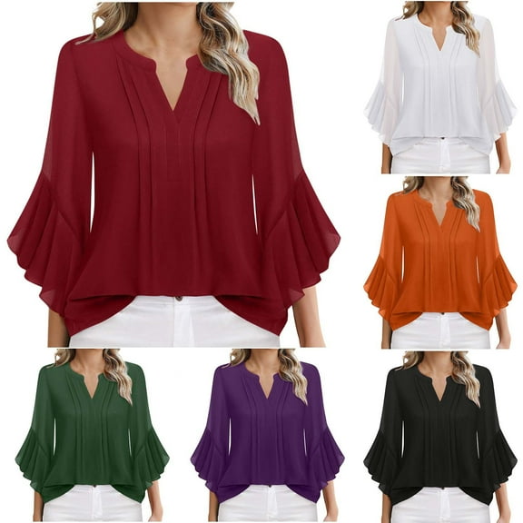 Olyvenn Stylish Women's Ruffled 3/4 Sleeve Tops Dressy Casual Business Work Blouses Chiffon Office Shirts Summer V Neck Pleated Shirts Black L