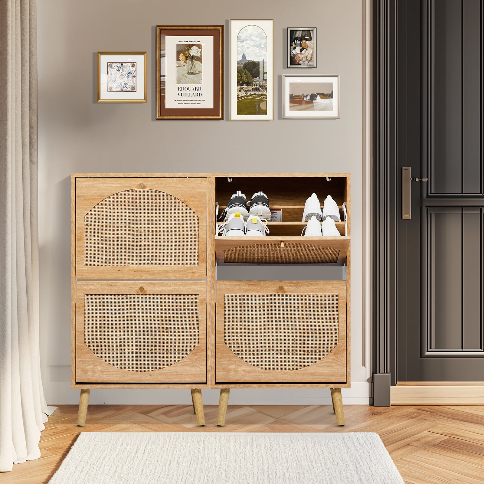 Ktaxon Shoe Storage Cabinet, 2 Flip Drawers, Natural Rattan