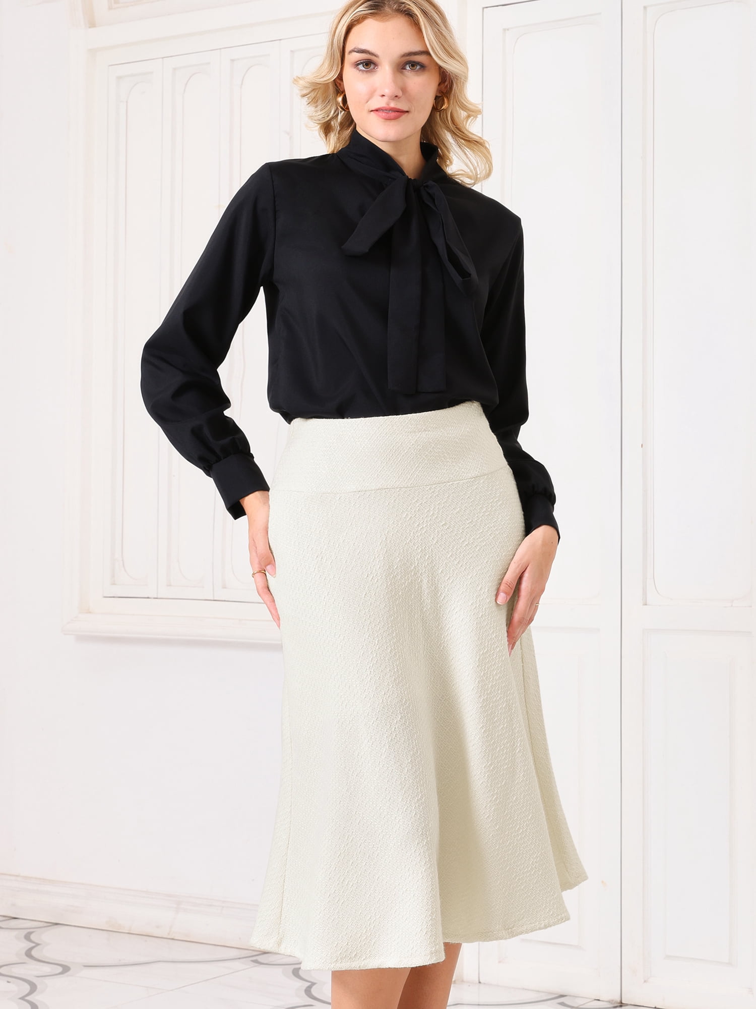 DARING DIVA Women's A-Line Fall Skirt Elastic Waist Midi Tweed Skirts S Beige White
