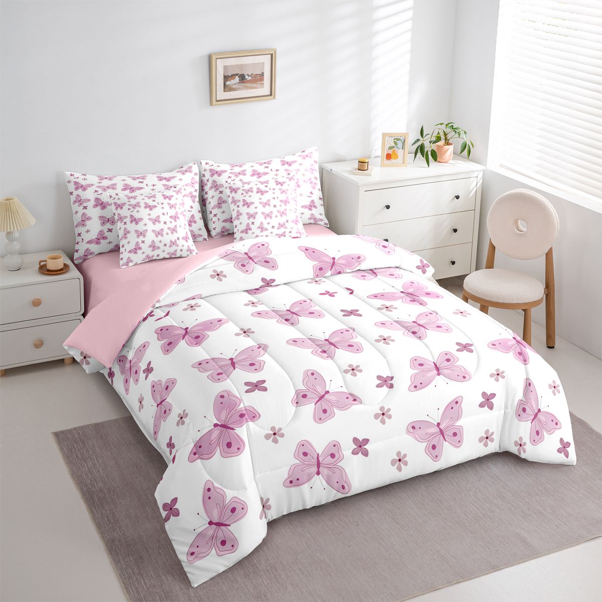 Homewish Gradient Colorful Butterfly 7-Piece Bedding Comforter Set,Flying Animal King Bedding Sets,Pink White Bed Sheets For Girls,Microfiber Bedroom Decor Reversible