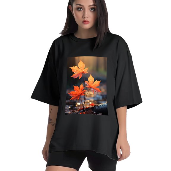 Plus Size Shirt for Women Black Tops for Women Short Sleeves Shirt for Women Maple Leaves1 T Shirt Crewneck Shirt for Women 5XL
