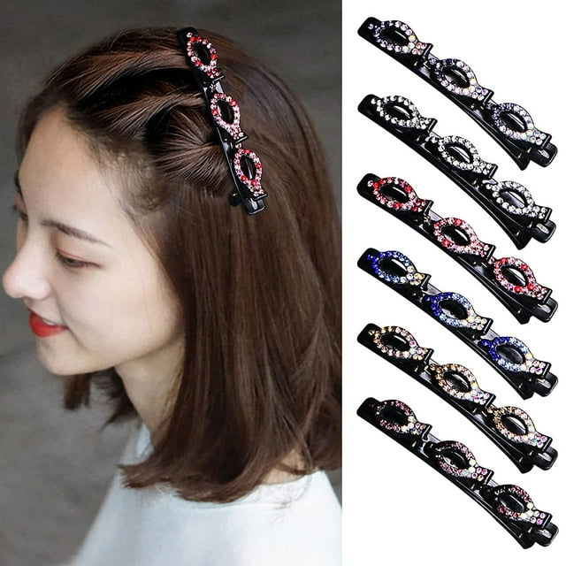 Sparkling Crystal Stone Braided Hair Clips, Satin Fabric Hair Bands, Braided Hair Clip with Rhinestones, Four-Leaf Clover Chopped Hairpin Duckbill Clip, Clover Rhinestone Hair Clip (14#-6Pcs)