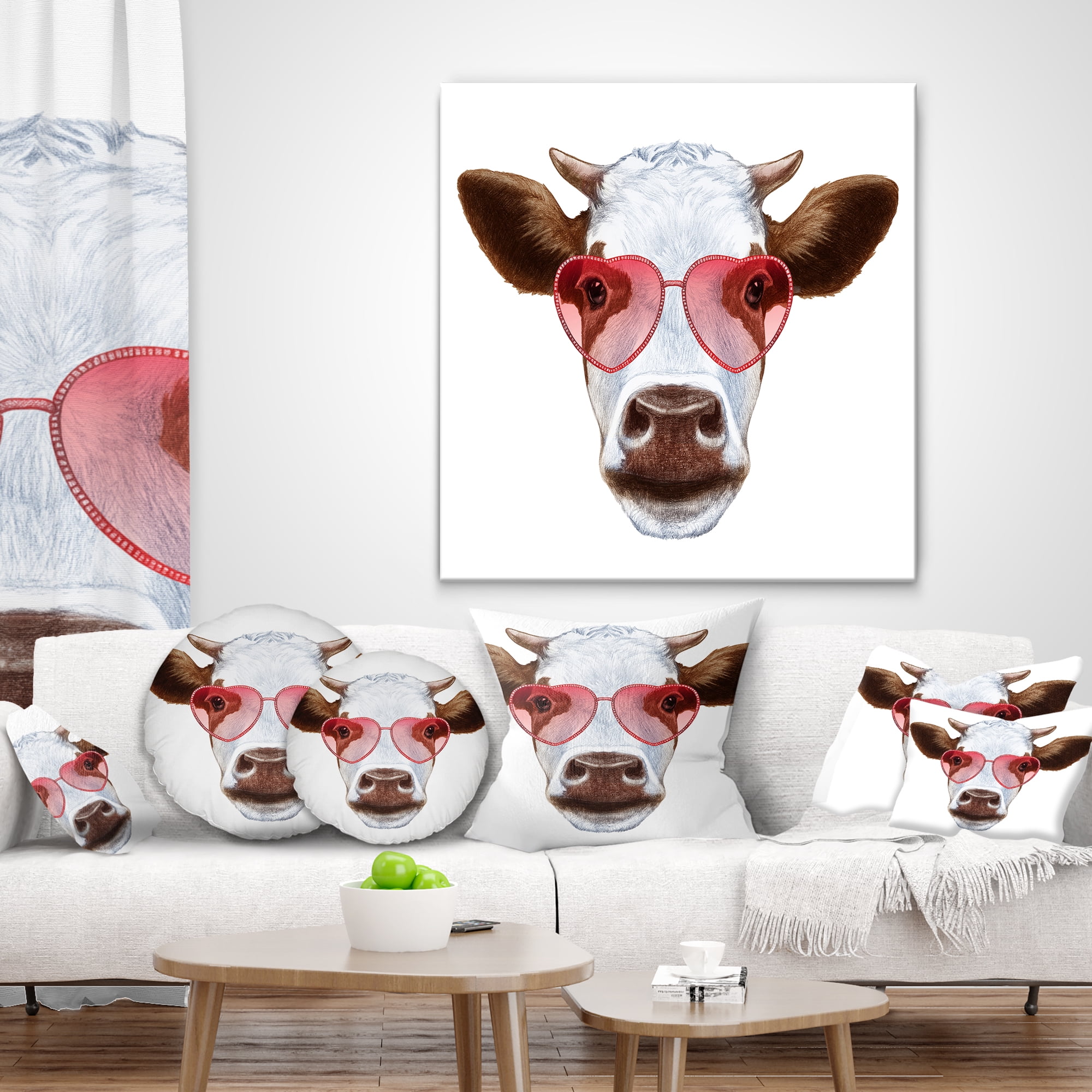 Designart Cow with Red Heart Glasses - Animal Throw Pillow - 16x16
