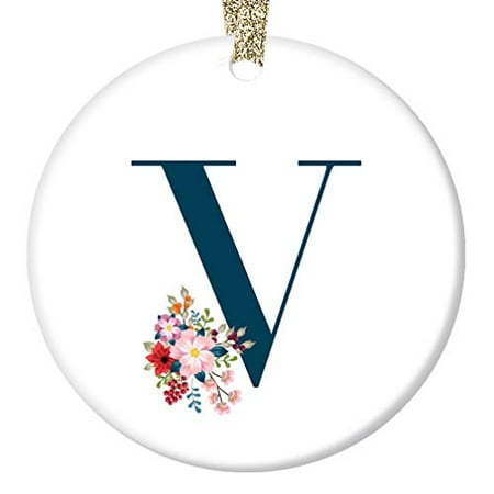 Name Monogram Ornament Letter V Christmas Present for Lady Teacher Coworker Mom Female Family Pretty Floral First Last Name