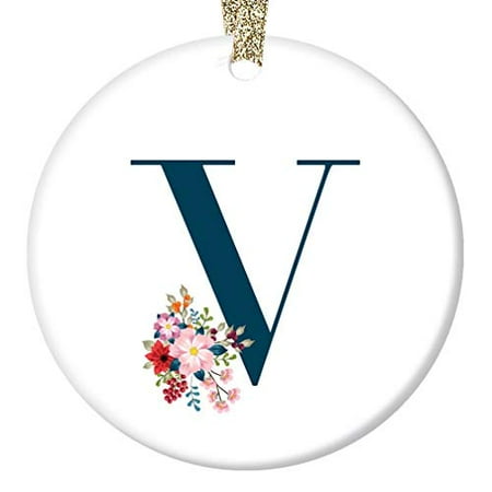 Name Monogram Ornament Letter V Christmas Present for Lady Teacher Coworker Mom Female Family Pretty Floral First Last Name