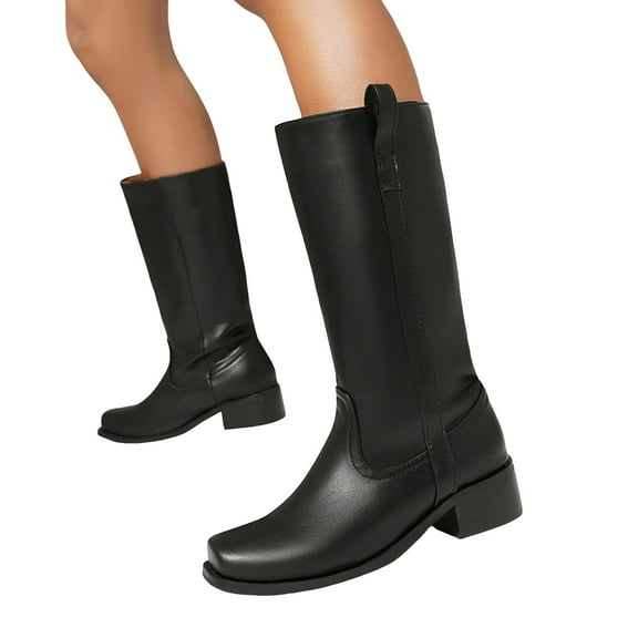 Rokment Wide Calf Cowboy Boots for Women Fall Winter Vintage Leather Square Toe Chunky Mid Heel Cowgirl Work Riding Tall Boots Black Size 6