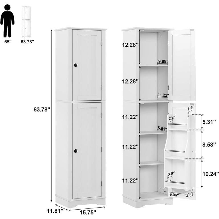 Homfa Tall Narrow Cabinet, 66.3 inch Free Standing Wood Bathroom Slim Tower with Doors and Adjustable Shelves, Oak Color, Size: One size, Brown