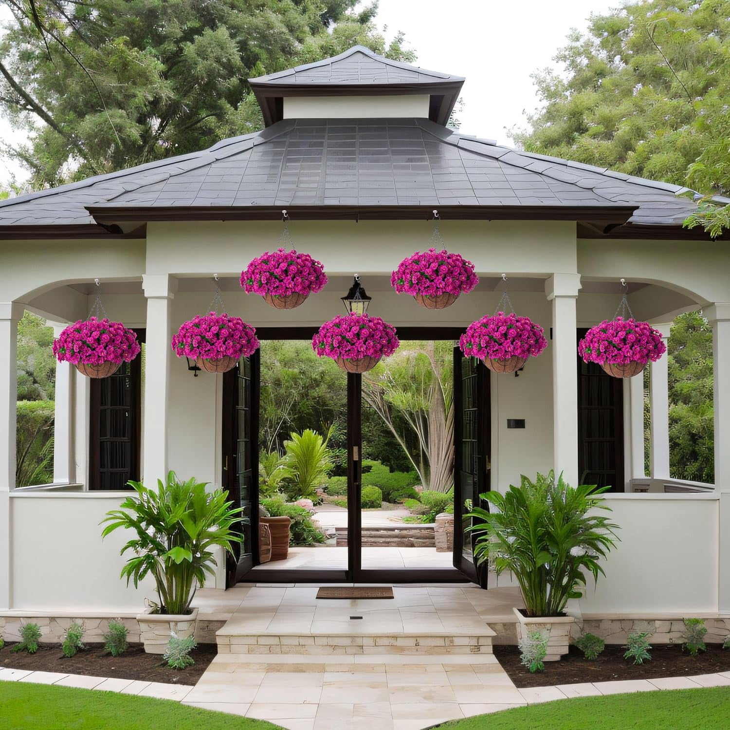 Artificial Hanging Flowers in Basket, Artificial Petunias Arrangement, inch Coconut Lining Basket with Morning Glories Fake Plants for Patio Garden Porch Deck Spring Decoration(Fuchsia)