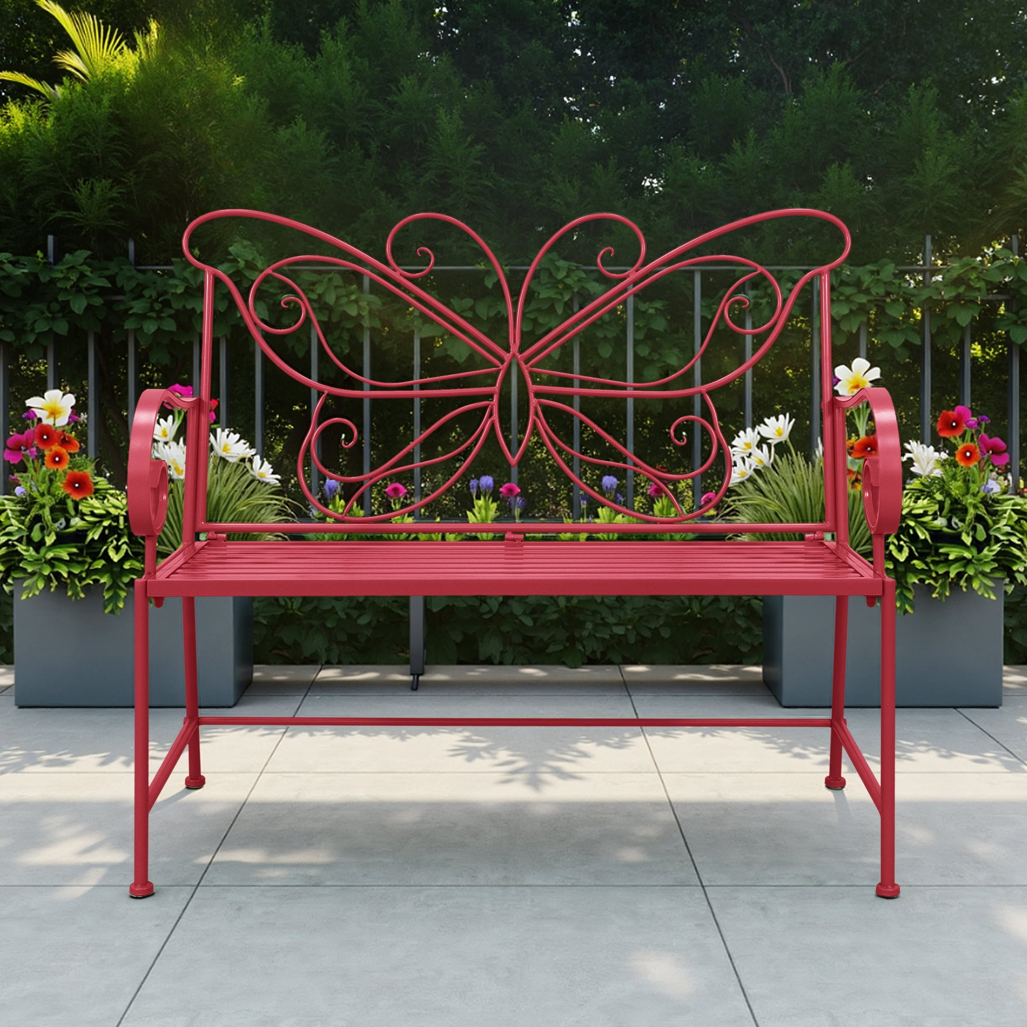 Abble 42" Outdoor Bench Metal Butterfly Design Patio Garden Bench for Porch Yard Lawn Patio Bench,  Red